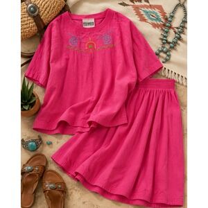 Vintage Peter Popovitch Hot Pink 2 Piece Skirt Top Set Embroidered casual cozy